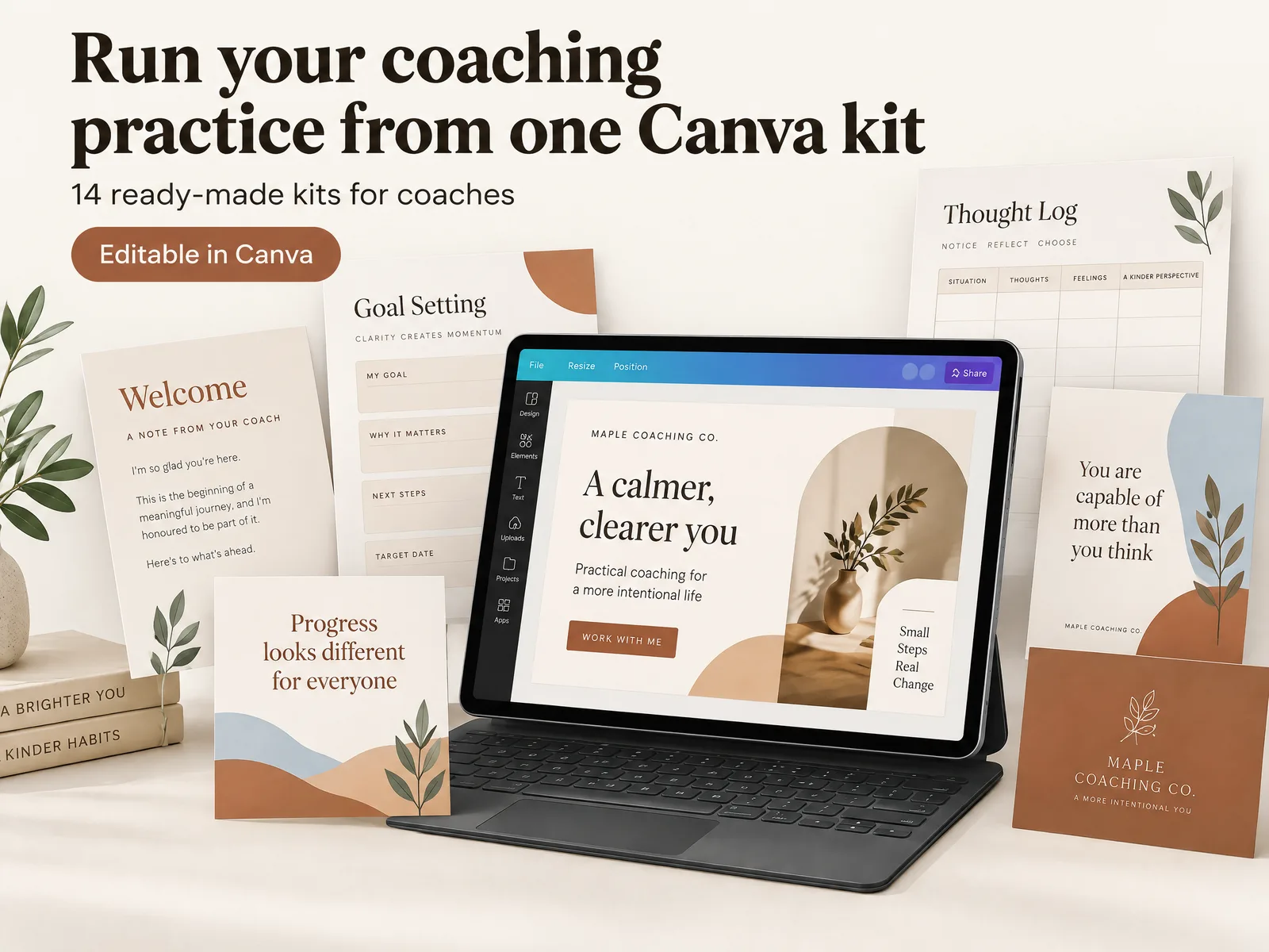 Ultimate Coaching Kit with a welcome letter, goal sheet, thought log and posts in Canva for coaches