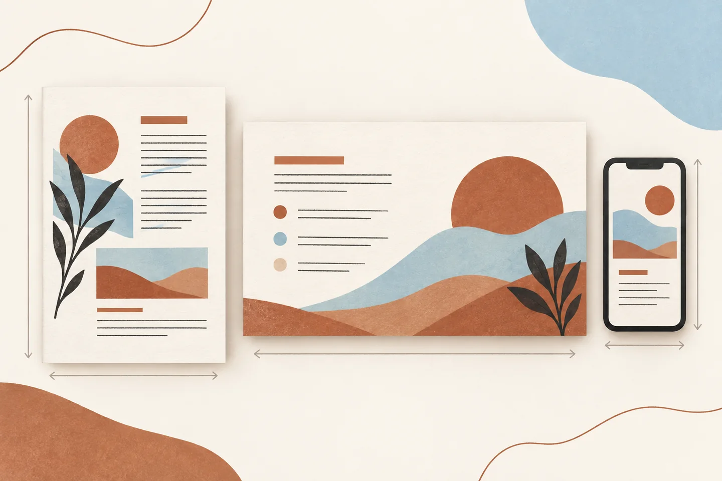 Illustrative portrait ebook layout next to a wide screen guide, with device checks; not a Canva product screenshot