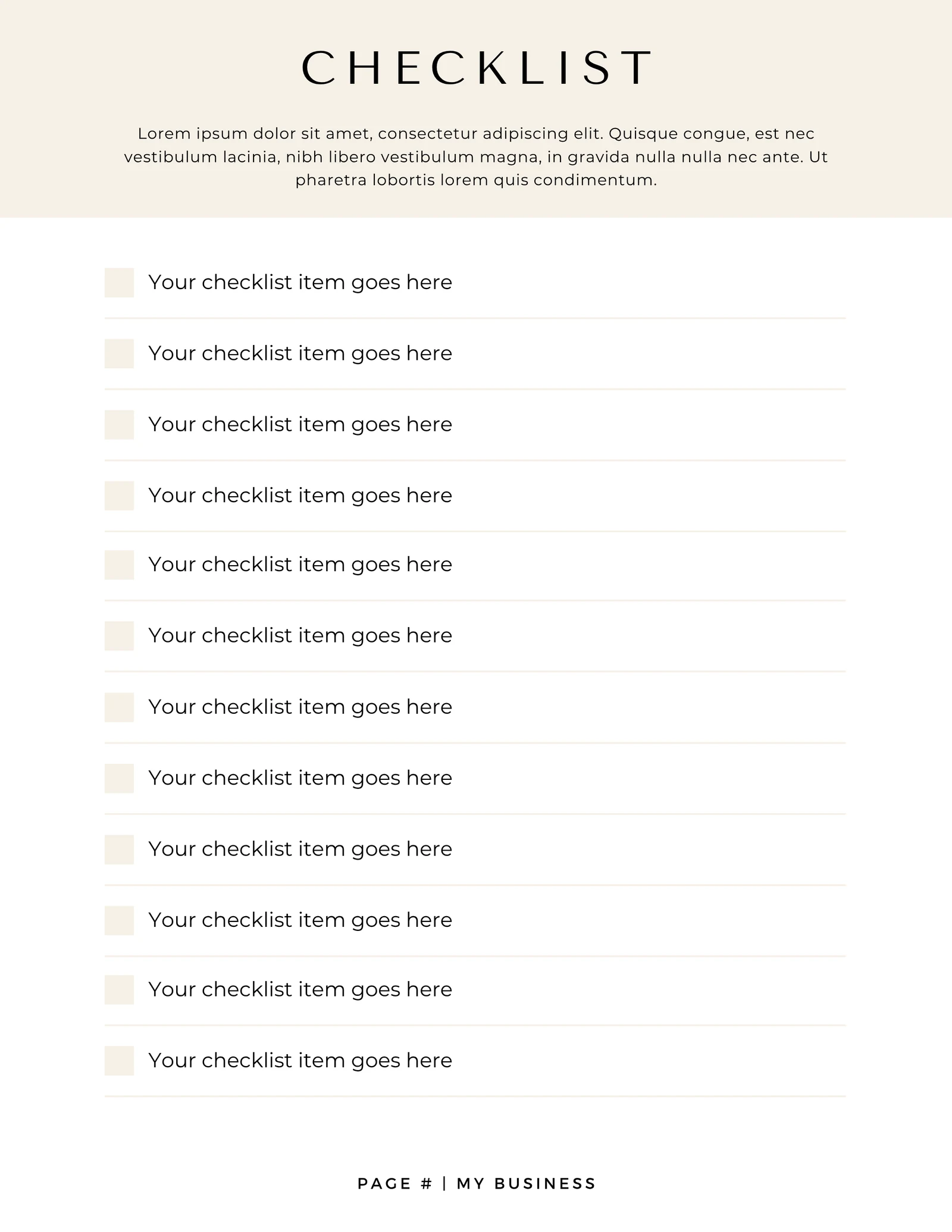 Checklist page from the Coaching Workbook template, with a heading, introductory text, and separate checklist lines