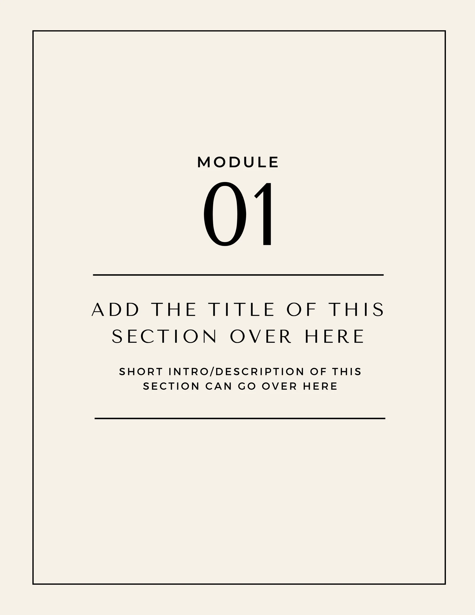 Module divider page from the Coaching Workbook template, with a module number, title placeholder, and short description placeholder